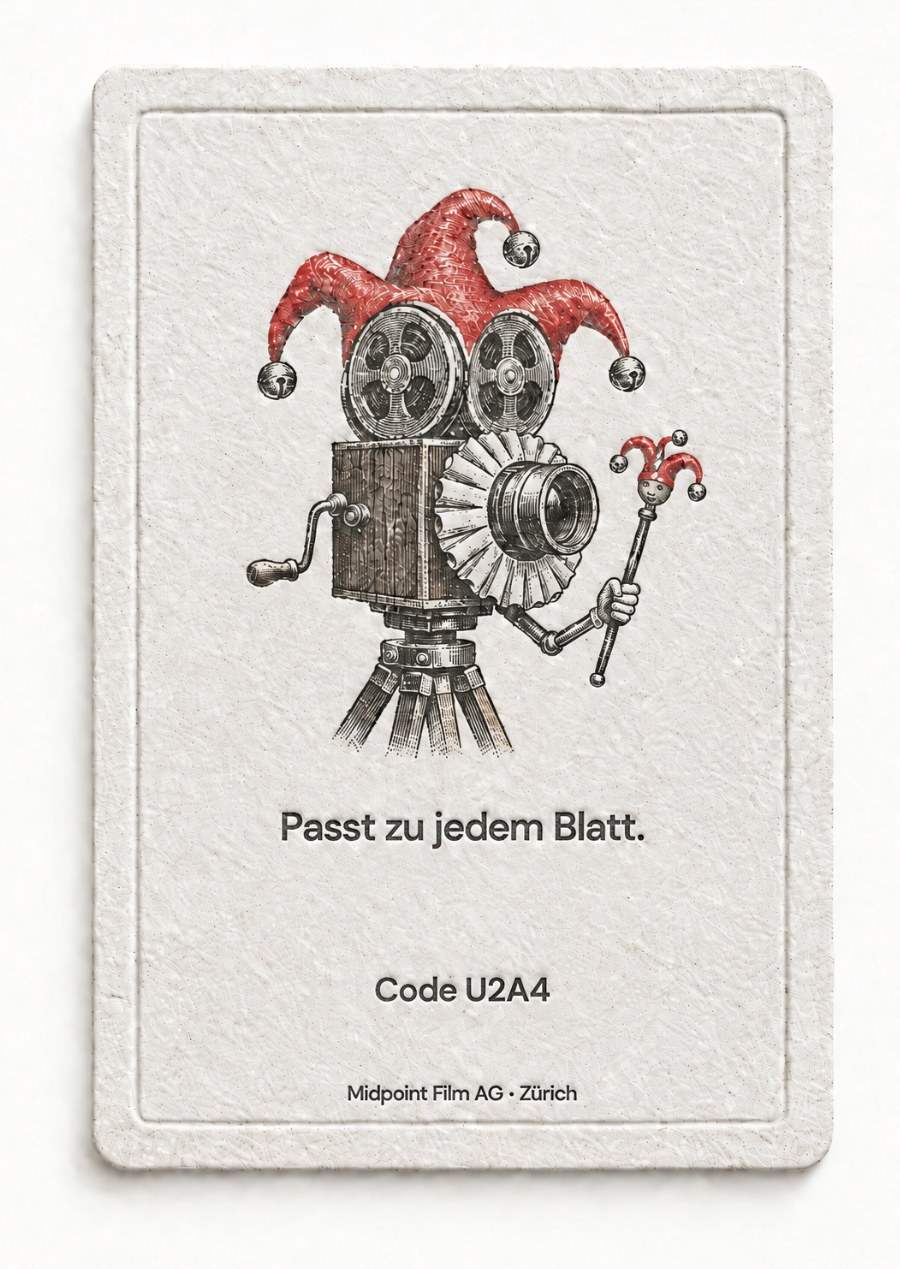Rückseite: eine Filmkamera als Joker verkleidet. Passt zu jedem Blatt. Code U2A4.